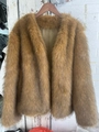 Detailed view of brown faux fur coat showing wide lapels and dense soft texture - S / Brown