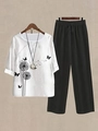 Detail of white cotton-linen top with black dandelion print and black wide-leg trousers - S / Top And Bottom / Dandelion Butterfly (Style 39)