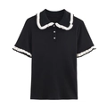 Kurzärmeliges schwarzes Strick-Polohemd mit Kontrast-Rüschen und Kristallknöpfen - S / Schwarz