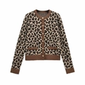 Women's leopard print knit cardigan with gold buttons and ribbed brown trim - S / Leopard Print (S)