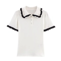 T-shirt slim in maglia a coste bianca con colletto Peter Pan a balze e bottoni gioiello - S / Bianco