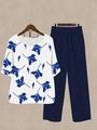 Women's 2-piece set with white floral crew neck top and blue wide-leg casual pants - S / Top And Bottom / Blue Artistic Floral (Image Color 40)