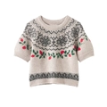 Maglione in maglia beige a maniche corte con ricamo floreale e dettagli jacquard - S / Color Farina d'Avena