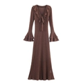 Vestido largo de punto marrón chocolate con cuello en V, mangas de campana y volantes de encaje - S / café