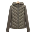 Deep olive green hooded jacket with V-quilted front and knit contrast sleeves on hanger - XS / Army Green