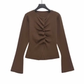 Brown long-sleeve knit top featuring pleated front detailing and button closure - S / Dark Brown