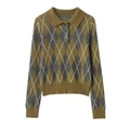 Pull polo en maille à losanges pour femme en vert olive et gris élégant - S / Argyle Vert Olive Gris