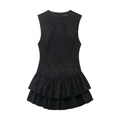 Sleeveless black suede dress with round neck and double-layered ruffle hem design - Black