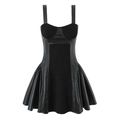 French vintage black PU leather corset mini dress with slim waist and pleated skirt - S / Black