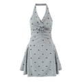 Detail of 3D rose flower on a gray French vintage style flocked bow halter dress - S / Gray