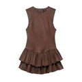 Sleeveless brown faux suede dress featuring an elegant double-layered ruffled fishtail hem - XS / Coffee