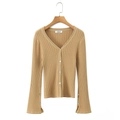 Women's camel V-neck long sleeve knit cardigan with ribbed texture and button closure - One Size / Khaki