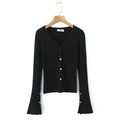Women's black V-neck knitted cardigan with pearl buttons and pleated skirt set - One Size / Black