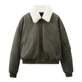 Detailed view of olive bomber jacket featuring white faux fur collar and sleeve utility pocket - XS / Army Green