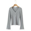Women's grey V-neck ribbed knit cardigan with button closure and flared sleeves - One Size / Gray
