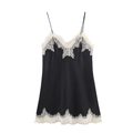 Close-up of black satin camisole with white eyelash lace trim and thin straps - XS / Black