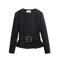 Chaqueta corta de tweed negra para mujer con bajo de peplum y cinturón de hebilla dorada - Chaqueta Blazer de Tweed (XS)