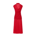 Detail of red ruched mesh dress showing sheer fabric texture and high neck design - XS / Red