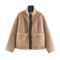 Chaqueta holgada de piel sintética para mujer con cuello alto y bolsillos caqui - Caqui