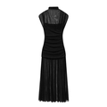 Detail view of the elegant ruched mesh back and standing collar on this black dress - XS / Black