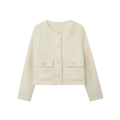 Women's cream white tweed jacket with round neck and crystal flower buttons - XS / Cream