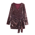 Sparkly burgundy V-neck sequin dress with long sleeves and elegant waist tie detailing - XS / Dark Red