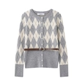 Detail of grey diamond pattern cardigan with a thin brown waist belt and white buttons - S / Light Gray Knit Cardigan