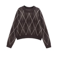 Close-up of brown argyle knit sweater with white diamond pattern and ribbed cuffs - S / Dark Brown