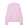 Détail de la veste zippée rose avec fermeture éclair argentée et poignets côtelés en gros plan - S / Hauts / Rose