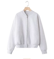 Detail of light gray zip-up bomber jacket with ribbed collar and cuffs on a wooden hanger - S / Tops / Mixed Grey