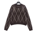 Jersey de punto para mujer en marrón oscuro con estampado de rombos y cuello redondo - S / Marrón Negro