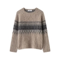 Women's vintage crewneck knit sweater with grey geometric jacquard pattern in beige - S / Khaki