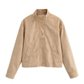 Detail of khaki faux suede jacket featuring a stand collar and gold metal snap buttons - XS / Khaki