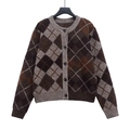 Brown argyle knit cardigan with round neck and buttons for women's casual style - S / Dark Coffee