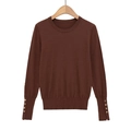 Classic round neck knit sweater in dark brown featuring elegant gold buttons on cuffs - S / Brown