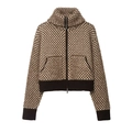 Giacca in pile sherpa da donna marrone e beige con cerniera, collo alto e polsini a coste - S / Marrone e Beige