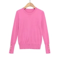 Pink slim-fit knit sweater with round neck and gold decorative buttons on cuffs - S / Pink