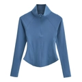 Slim fit mock neck long sleeve yoga top in slate blue with half-zip and curved hem - S / Blue