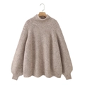 Pull en tricot gris chiné coupe ample à col roulé avec poignets et ourlets côtelés - S / fauve
