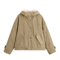 Chaqueta con capucha para mujer en color caqui con forro polar blanco y cremallera - XS / Tops / Caqui