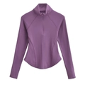 Haut de yoga violet foncé ajusté pour femme avec demi-fermeture éclair et manches - Violet