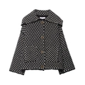 Veste en tricot pour femme à carreaux noirs et blancs avec col à revers et boutons en bois - S / Gris