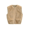 Gilet en fausse fourrure kaki pour femme avec col rond, fermeture éclair et deux poches - XS / Curcuma