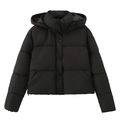 Modieus kort zwart gewatteerd damesjack met capuchon, knoopsluiting en doorgestikt design - XS / Zwart