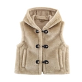 Chaleco con capucha de piel sintética para niños con cierres metálicos en color camel - XS / Beige