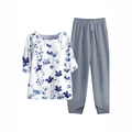 Casual damesset bestaande uit een top met bloemenprint en grijze broek met splitzoom - S / Blauw Bloemenpatroon (Beeldkleur 1)