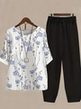 Women's two-piece casual set featuring floral print short sleeve top and black loose pants - S / Top And Bottom / Pale Purple Floral (Image Color 42)