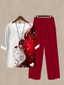 Women's two-piece casual set featuring floral print top and solid dark red loose trousers - S / Top And Bottom / Dark Red Heart Print (Image Color 43)