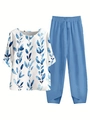 Two-piece casual set for women featuring blue floral print top and matching blue trousers - S / Top And Bottom / Blue And White Leaf Print (Image Color 44)