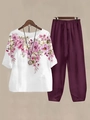 Women's casual two-piece set with white floral print top and fuchsia cropped pants - S / Top And Bottom / White Top With Pink Floral (Image Color 46)
